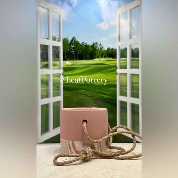Blush Pink /Beige Ceramic Hanging Planter Pot with 21” Rope - Picture 4 of 9